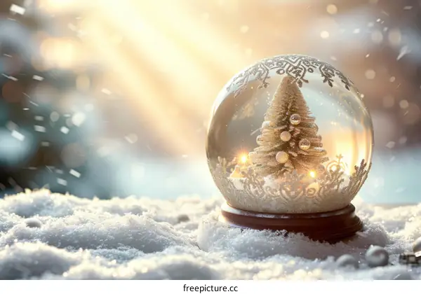A snow globe with a Christmas tree inside it sits on a snowy surface.