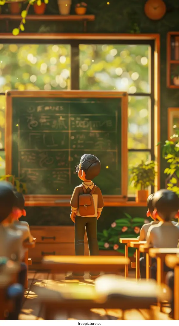 A student standing in a classroom with his classmates looking at him