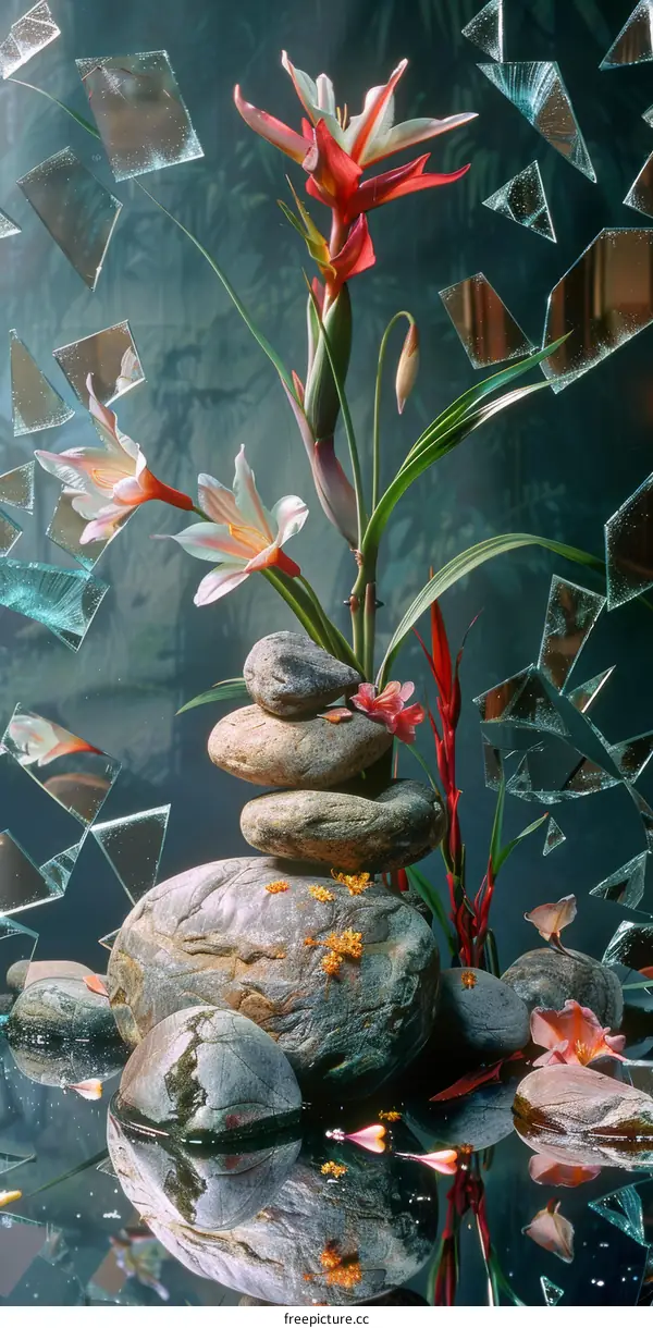 Still life with stones, water, and gladiolus flowers