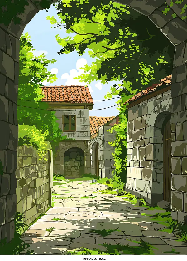 Stone Pathway through a European Village Illustration