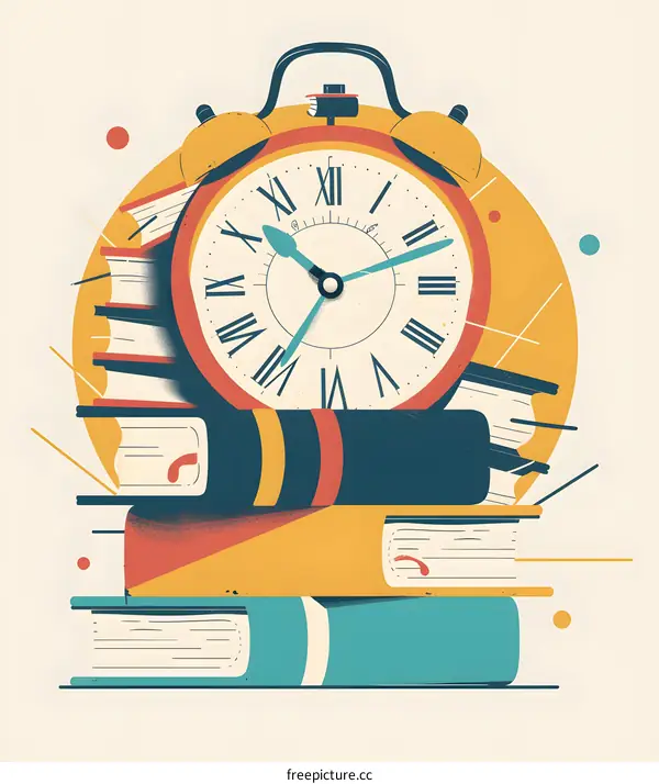 Stack of Books and Alarm Clock with Roman Numerals