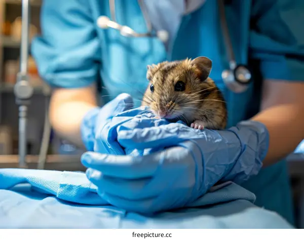 Close-up of a veterinarian holding a mouse in the clinic
