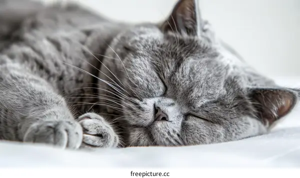 Cute Gray Shorthair Cat Sleeping Peacefully on a White Blanket