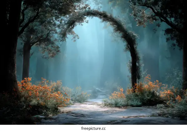 Misty Forest Pathway with Sunlight