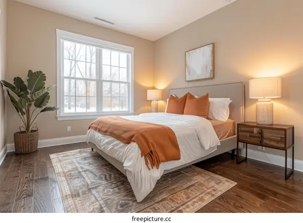 Cozy Bedroom with Large Window, Comfortable Bed, and Stylish Rug