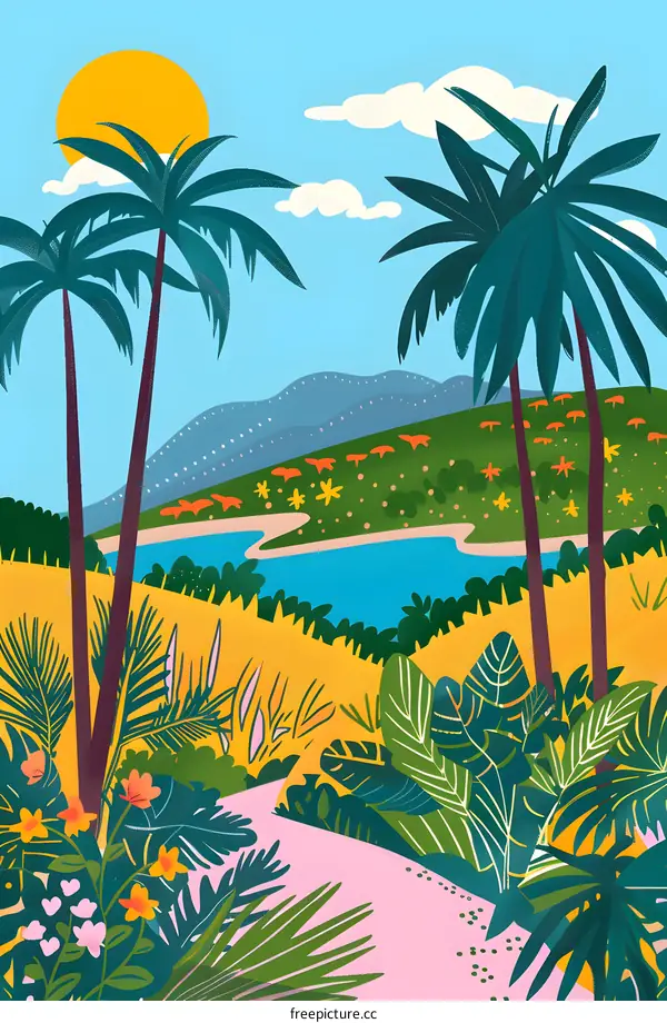 Tropical Paradise Illustration With Palm Trees And Lush Foliage