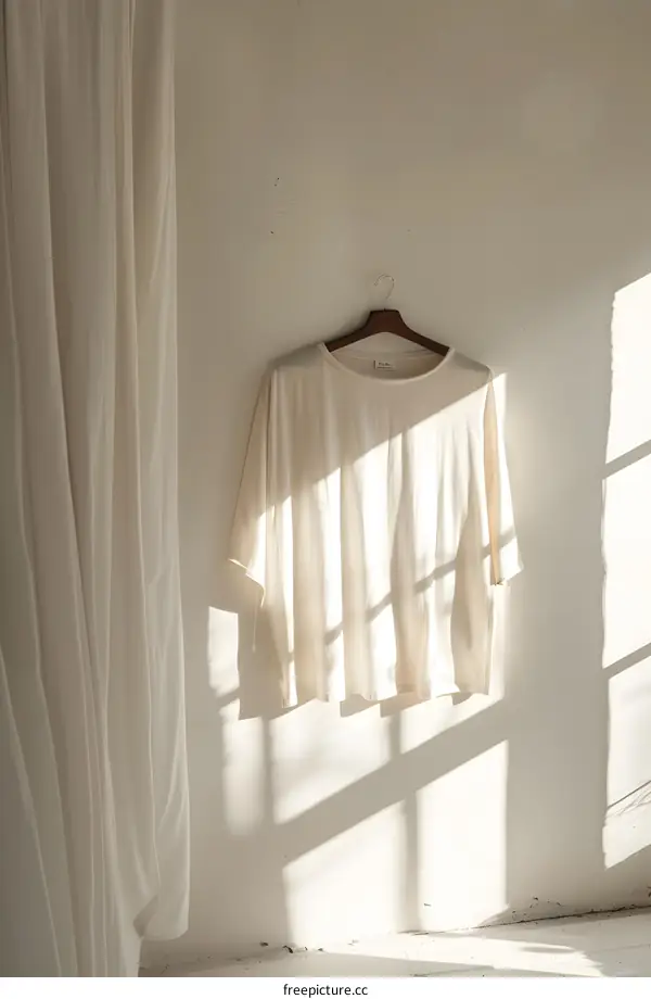 White Shirt Hanging on a Wooden Hanger with Sunlight Shadow