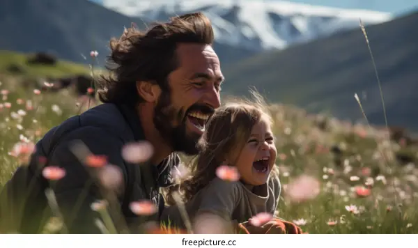 Father and daughter laughing in a field of flowers