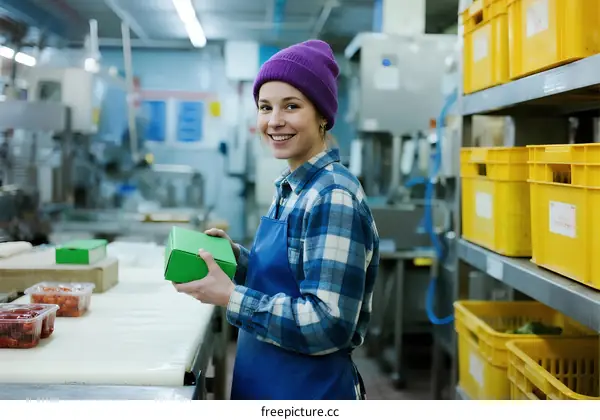Young Woman Wearing Blue Apron Holding Green Box in Food Factory