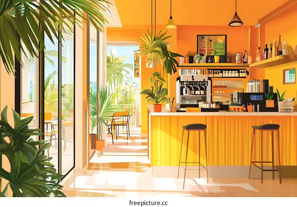 Yellow Cafe Illustration with Palm Trees