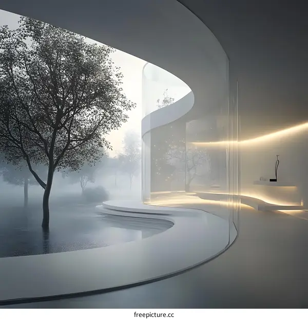 Curved Glass House With Trees And Fog In The Background