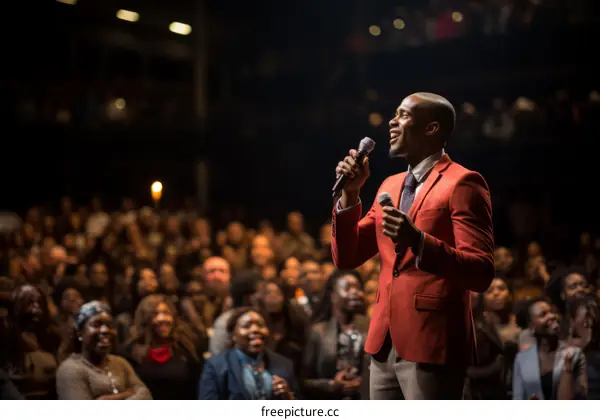 A man giving a speech in front of a large audience