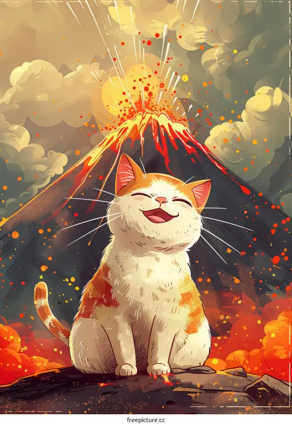 Cat in front of a volcano