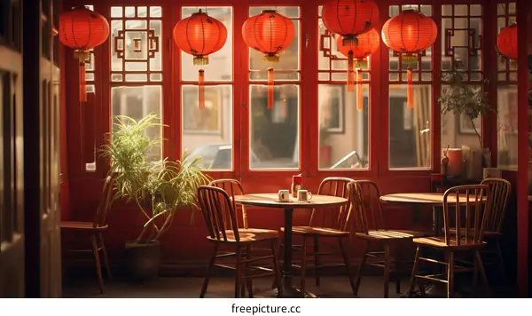 Chinese Restaurant Interior with Round Tables and Chairs in Bold Red
