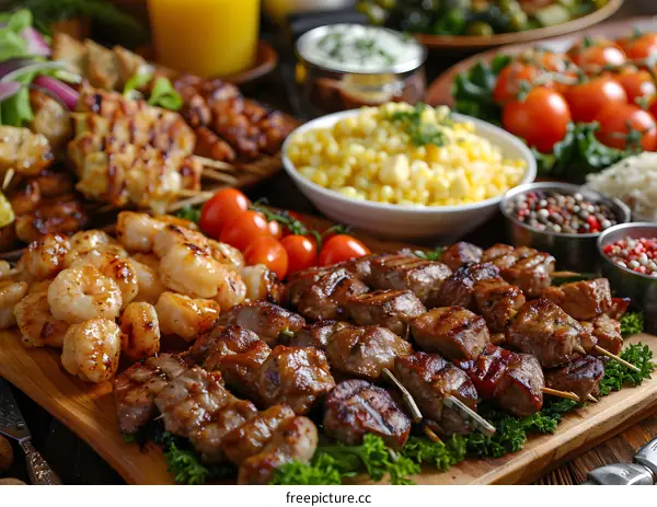 Grilled Shrimp and Pork Skewers with Corn and Tomato Salad
