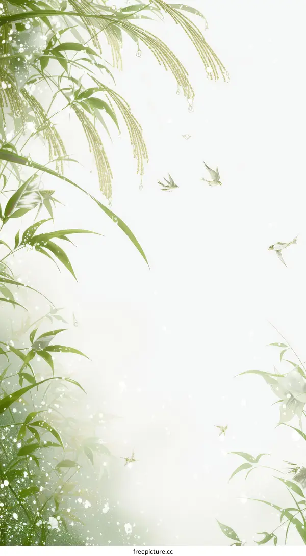 Green leaves and flying birds