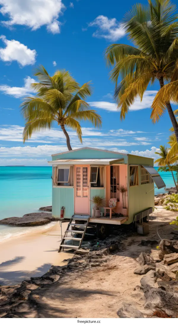 A colorful beach hut on a tropical beach with palm trees and white sand