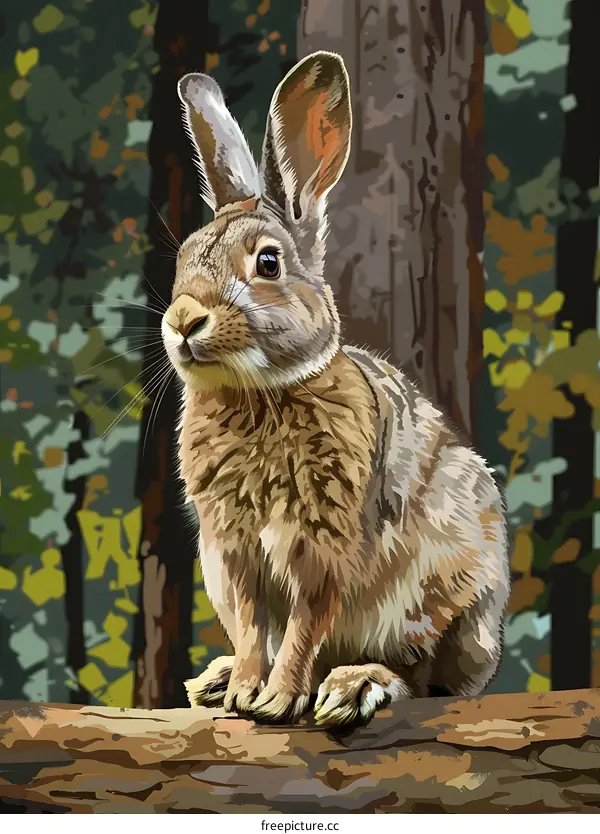 Cute Rabbit Sitting on a Log in Forest