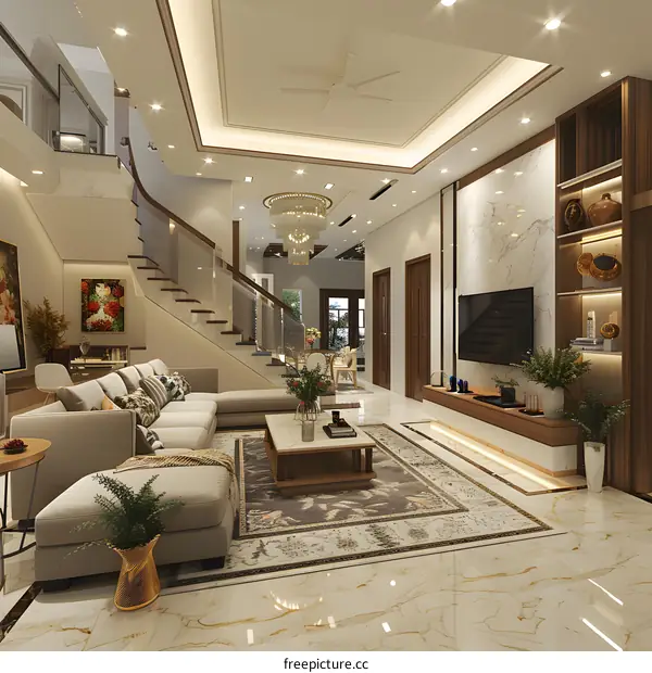 Modern Living Room Interior Design with Marble Floor and Beige Sofa