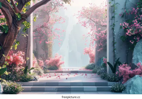 A beautiful garden with blooming pink flowers and trees