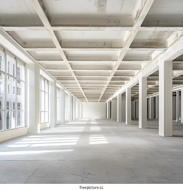 Empty Office Space with Concrete Beams and Windows