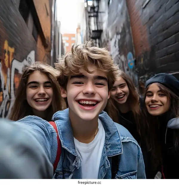 Group of Friends Taking a Selfie in an Urban Alley