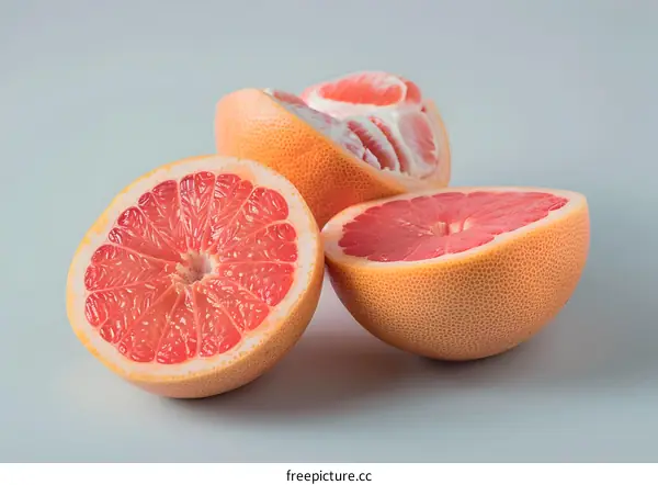 Fresh Ripe Grapefruits Cut in Half on a Grey Background