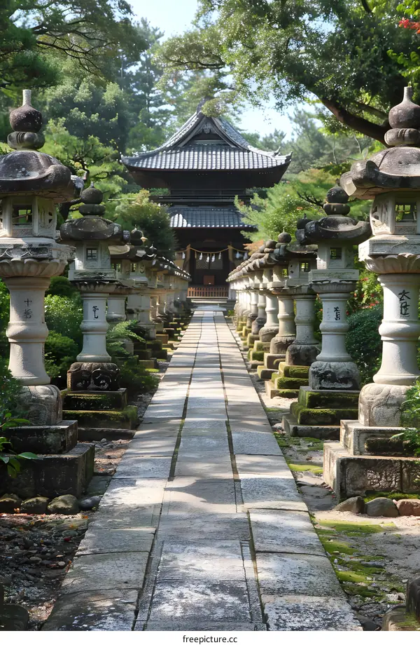 Stone lanterns and pathway leading to a temple in Japan