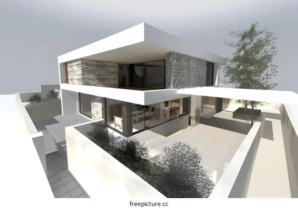 Modern House Design with Patio and Stone Walls