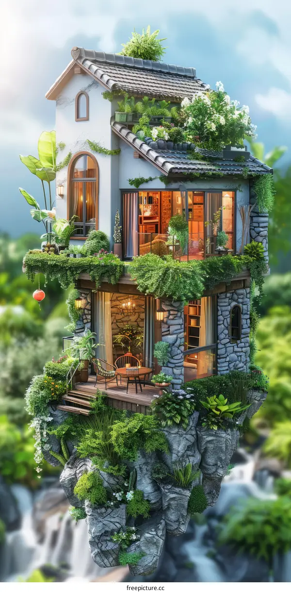 Fantasy house in the sky with lush garden and waterfall
