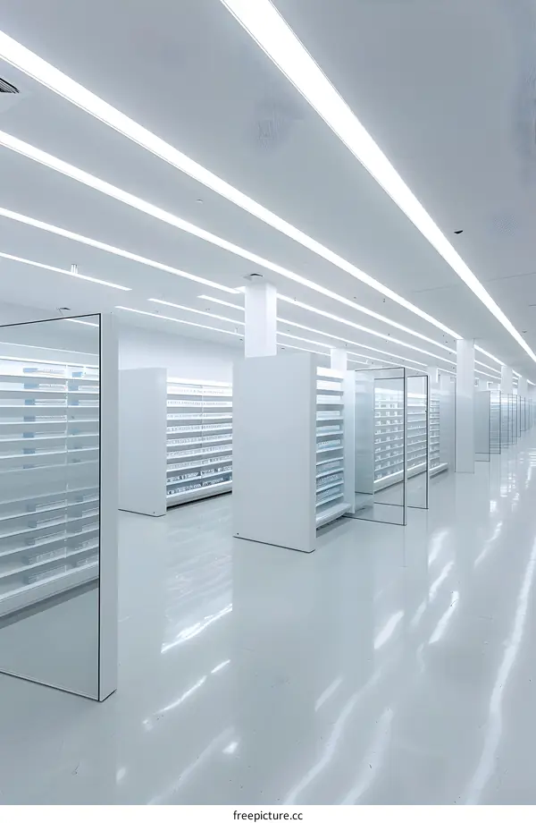 Minimalist White Store Interior with Long Fluorescent Lights