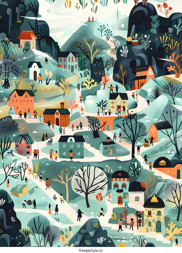 Colorful Illustration of a Village with Houses and People