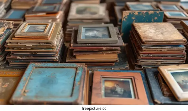 A collection of old photo frames and pictures