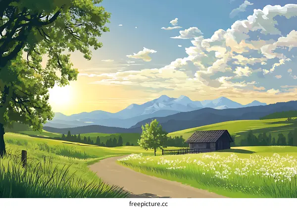 Countryside Landscape with Mountain Range and a Small Wooden Cabin
