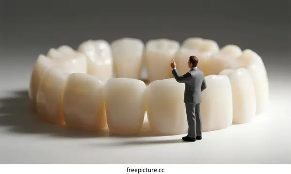 Miniature figure of man in suit pointing at dental model