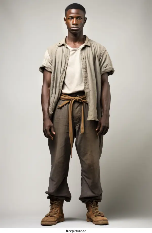 Black man wearing a white shirt and brown pants