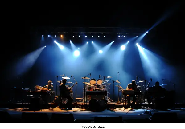 A group of musicians are performing on a stage with blue lights in the background