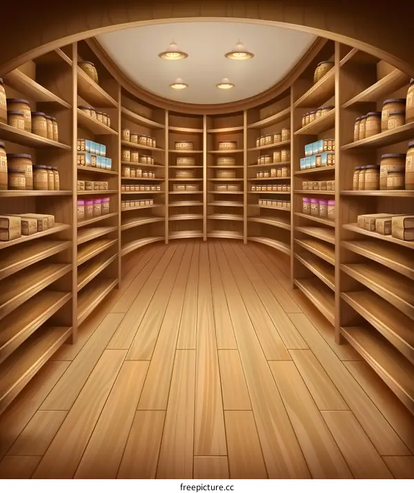 Wooden Shelves in a Round Room with Jars and Boxes