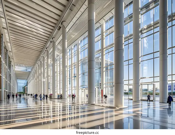 Modern Building Interior with Tall Windows and White Pillars