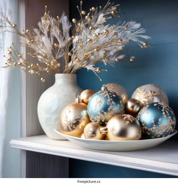 Elegant Christmas decorations with blue and gold ornaments