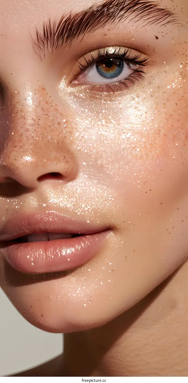 Close-up portrait of a young woman with glitter on her face