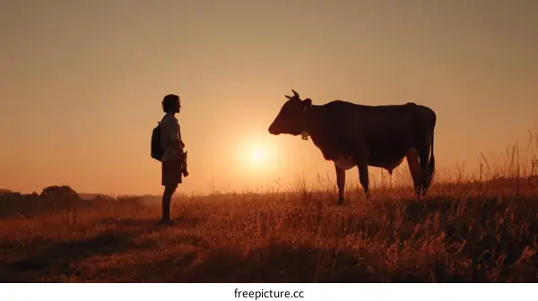 Silhouette of a Person and a Cow at Sunset