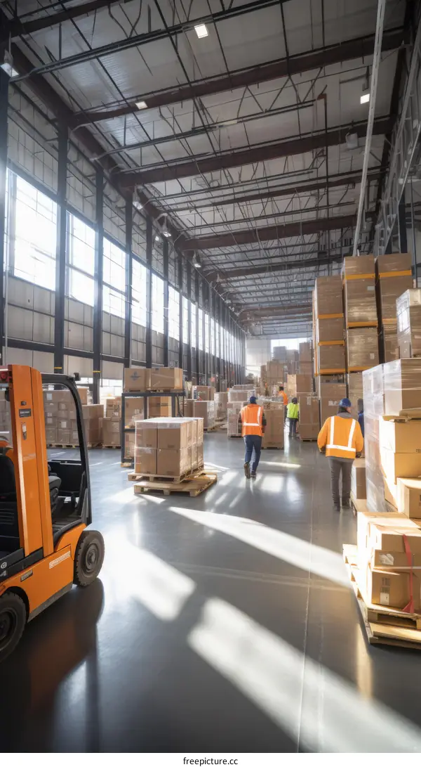 Warehouse workers in a modern warehouse with a forklift