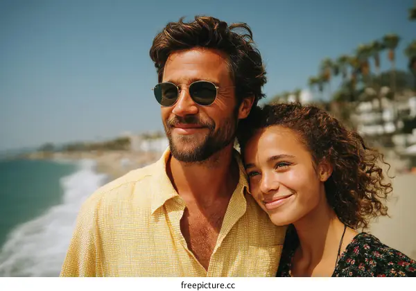 Couple enjoying a sunny day by the beach