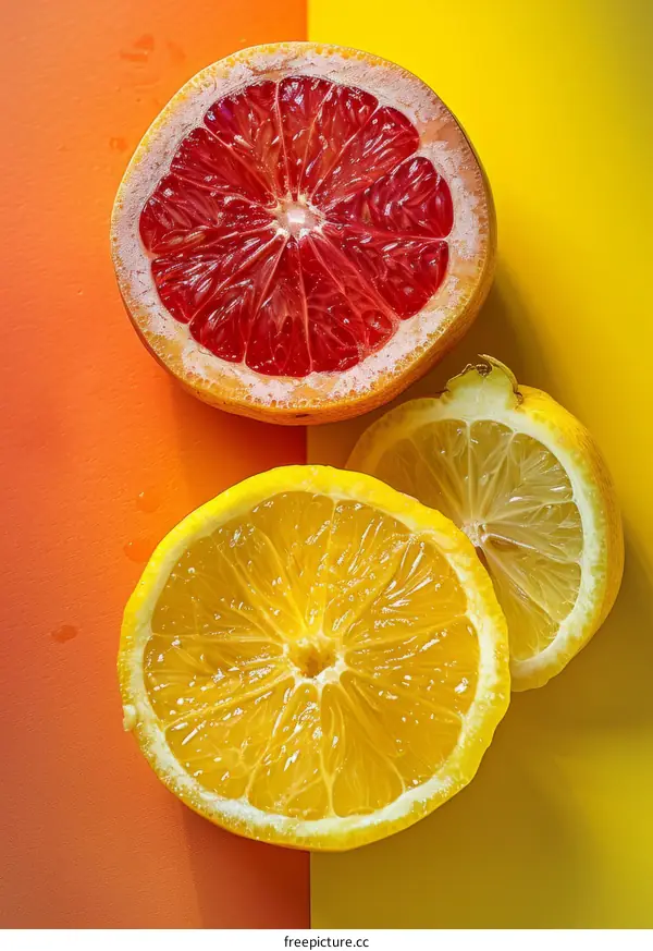 Close-up photo of a halved grapefruit and lemon