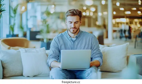 Businessman Working on Laptop in Modern Office