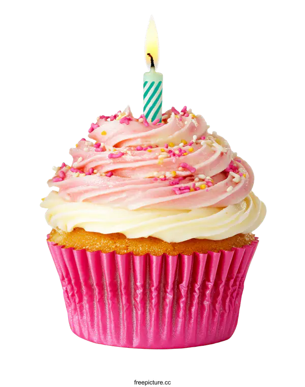 [Transparent Background PNG]Pink Birthday Cupcake with Teal Candle