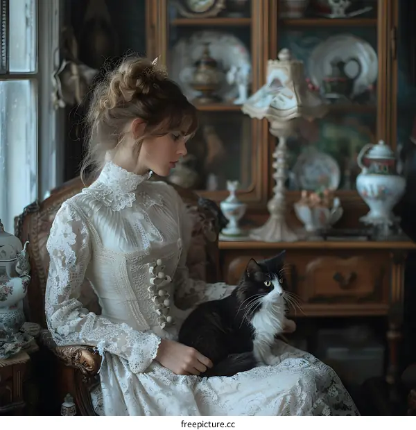 A young woman in a white dress is sitting on a chair with a cat on her lap.
