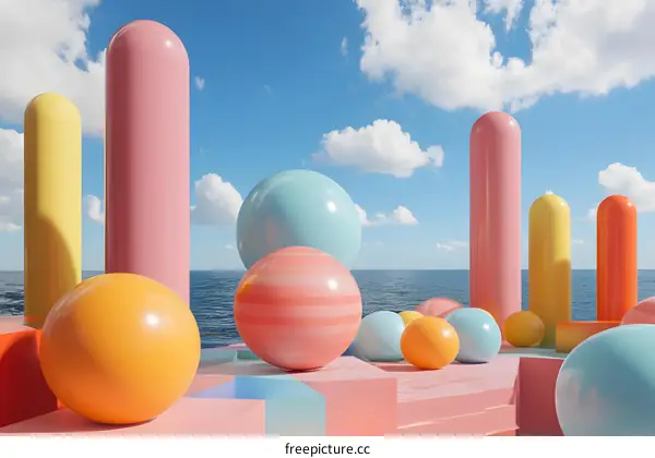 Colorful 3D Abstract Geometric Shapes on Seashore