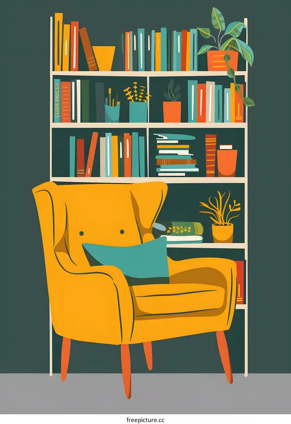 Cozy Living Room with Yellow Armchair and Bookshelf